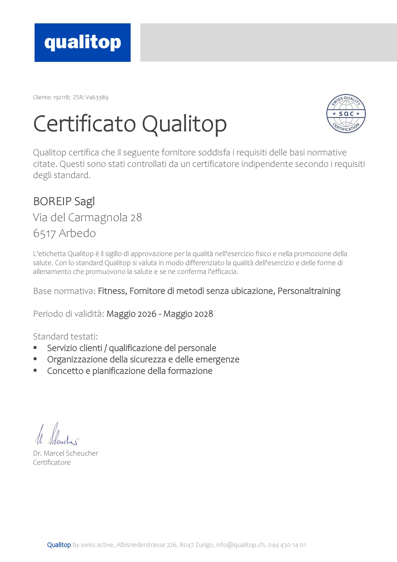 Certificato Qualitop di BOREIP Sagl, valido Maggio 2026 – Maggio 2028.